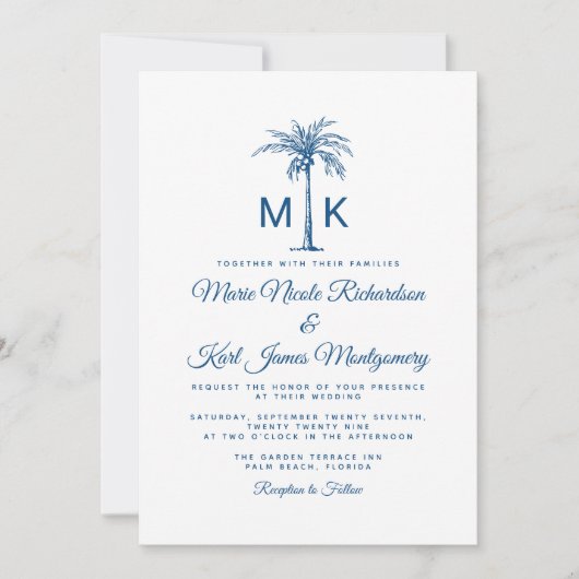 Invitation Monogramme Bleu Palmier Formal Beach Mariage (Devant)