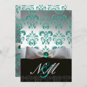 INVITATION MONOGRAMME BLEU TURQUASE BLANC RIBBON BLACK DAMASK (Devant / Derrière)