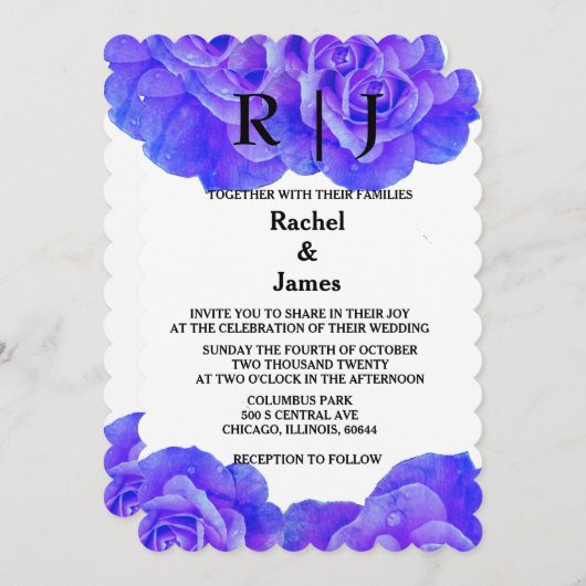 Invitation Monogramme Blue Floral Rose Fleurs fleuris Mariage (Devant / Derrière)