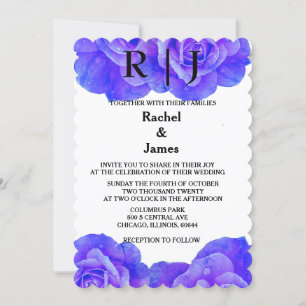 Invitation Monogramme Blue Floral Rose Fleurs fleuris Mariage