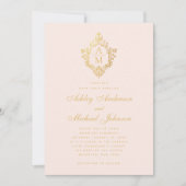 Invitation Monogramme Blush Faux or Floral Crest Mariage rose (Devant)