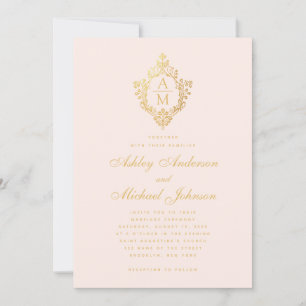Invitation Monogramme Blush Faux or Floral Crest Mariage rose