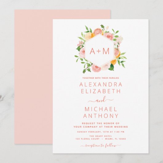 Invitation Monogramme Blush Pink Citrus Floral Mariage Invita (Devant / Derrière)