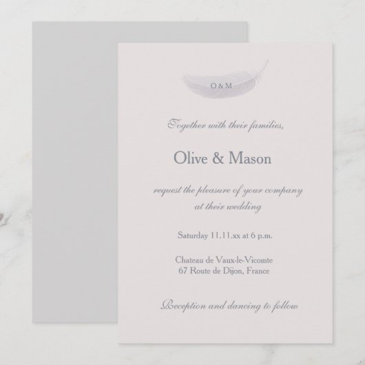 Invitation Monogramme Blush rose Gris Plumes Élégant Mariage (Devant / Derrière)