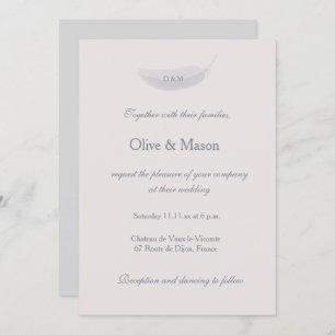 Invitation Monogramme Blush rose Gris Plumes Élégant Mariage
