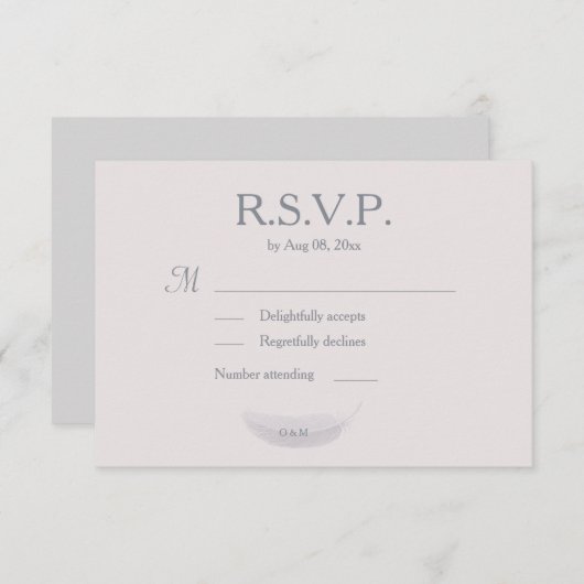 Invitation Monogramme Blush rose Gris Plumes Mariage RSVP (Devant / Derrière)