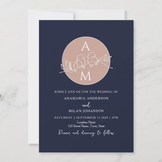 Invitation Monogramme Blush Rose Marine Mariage bleu (Devant)