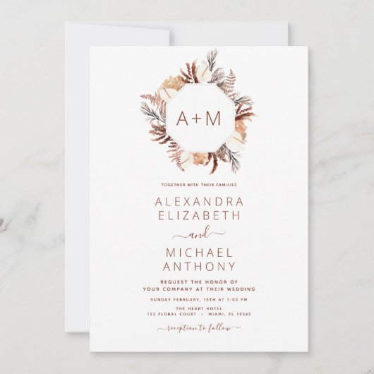 Invitation Monogramme Boho Terracotta Pampas Mariage (Devant)