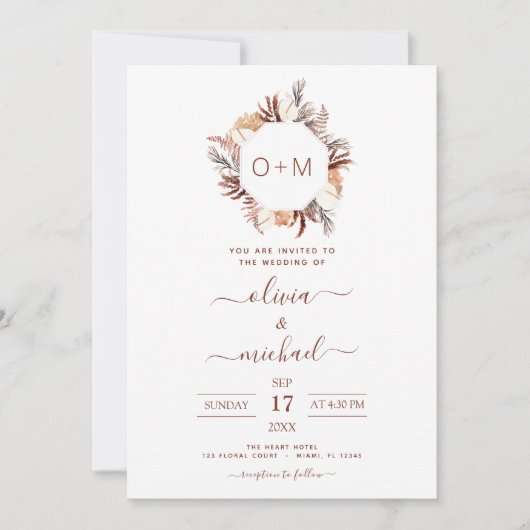 Invitation Monogramme Boho Terracotta Pampas Mariage en herbe (Devant)