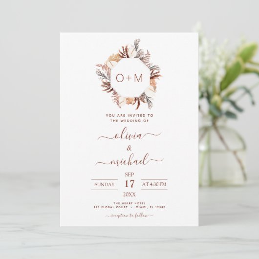 Invitation Monogramme Boho Terracotta Pampas Mariage en herbe (Debout devant)