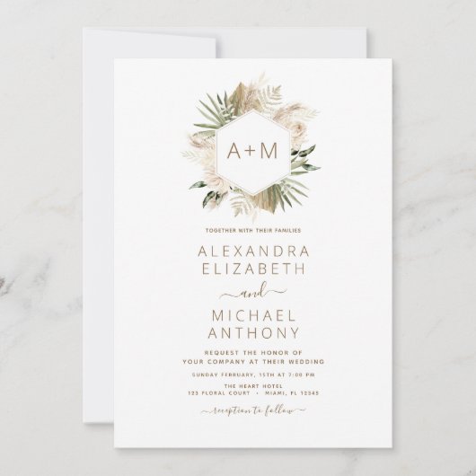 Invitation Monogramme Boho Tropical Pampas Grass Mariage (Devant)