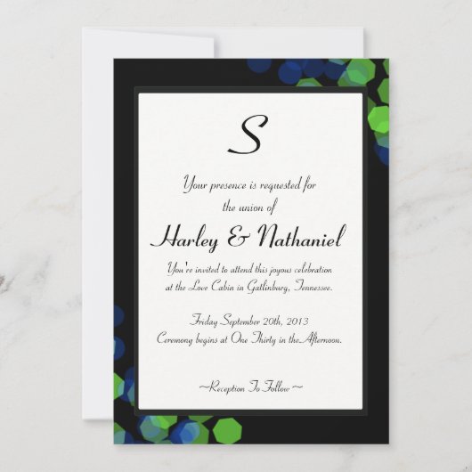 Invitation Monogramme Bokeh Bleu et Vert (Devant)