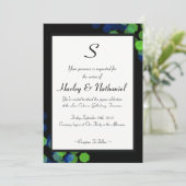 Invitation Monogramme Bokeh Bleu et Vert (Debout devant)