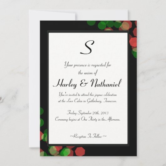Invitation Monogramme Bokeh Rouge et Vert (Devant)