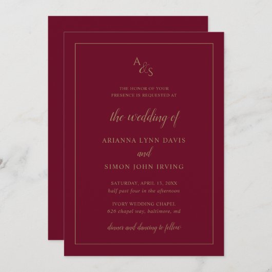 Invitation Monogramme bordeaux simple Mariage élégant formel (Devant / Derrière)