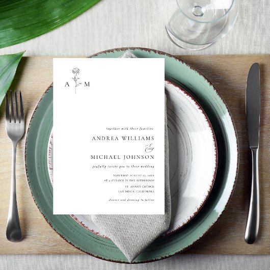 Invitation Monogramme botanique Ampersand Mariage blanc clair