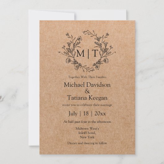 Invitation monogramme botanique classique script kraft mariag (Devant)