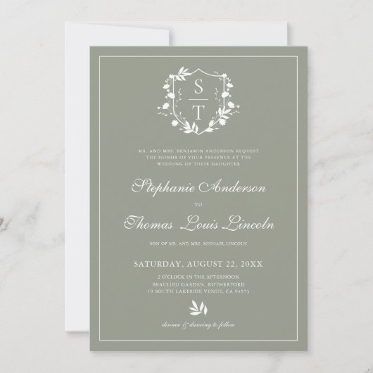 Invitation Monogramme botanique Crest Sage Vert Mariage (Devant)