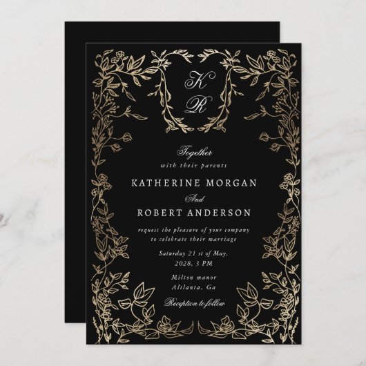 Invitation Monogramme botanique d'or (Devant / Derrière)