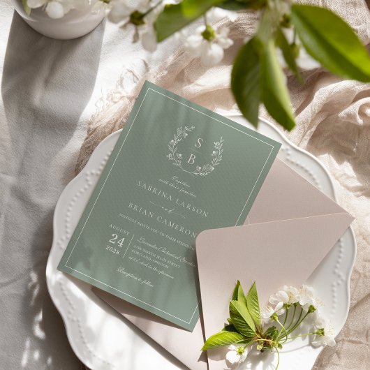 Invitation Monogramme botanique Mariage vert Sage de couronne