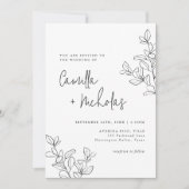 Invitation Monogramme botanique simple Mariage noir et blanc (Devant)