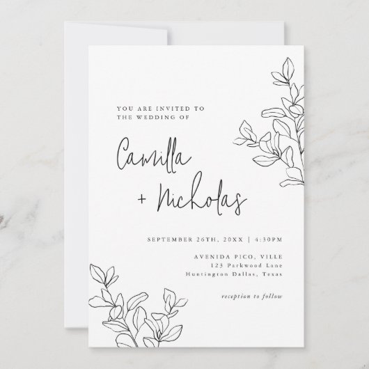 Invitation Monogramme botanique simple Mariage noir et blanc (Devant)