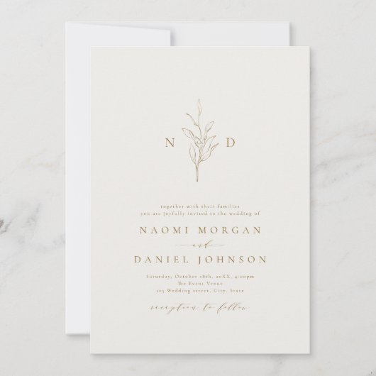 Invitation Monogramme botanique simple or mariage rustique (Devant)