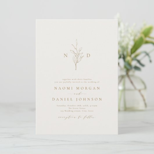 Invitation Monogramme botanique simple or mariage rustique (Debout devant)