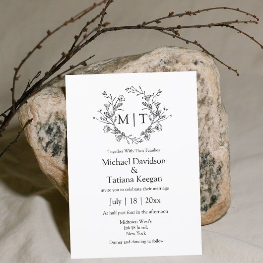 Invitation monogramme botanique typographie classique mariage