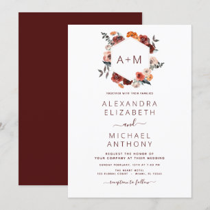 Invitation Monogramme Bourgogne Floral Mariage