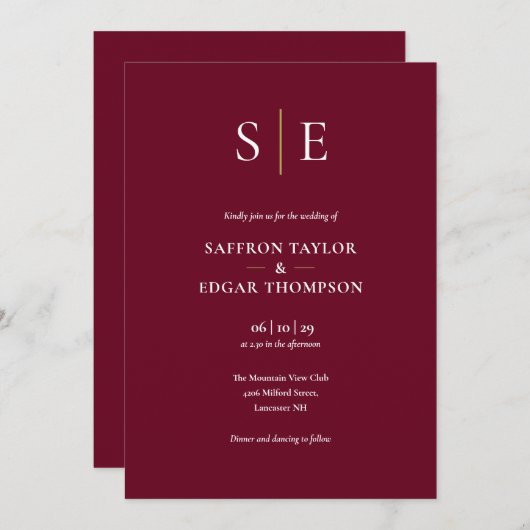 Invitation Monogramme Bourgogne tout en un Mariage (Devant / Derrière)