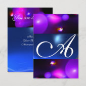 Invitation MONOGRAMME BULLE QUANTIQUE violet bleu rsvp (Devant / Derrière)