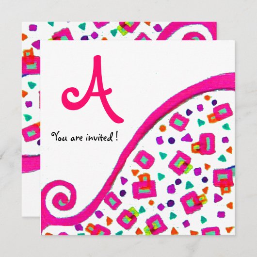 INVITATION MONOGRAMME CARRÉ DÉCO ABSTRAIT BLANC FUCHSIA ROSE (Devant / Derrière)