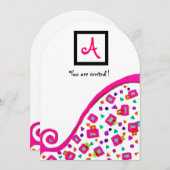 INVITATION MONOGRAMME CARRÉ DÉCO ABSTRAIT BLANC FUCHSIA ROSE (Devant / Derrière)