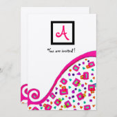 INVITATION MONOGRAMME CARRÉE DÉCO ABSTRAITE ARGENT FUCHSIA RO (Devant / Derrière)