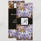 Invitation MONOGRAMME CARRÉE EN DAMAS ANCIEN, noir violet, or (Devant / Derrière)