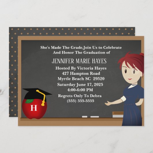 Invitation Monogramme Chalkboard Enseignant Graduation (Devant / Derrière)