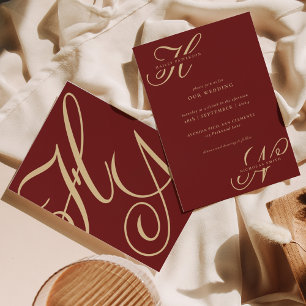 Invitation Monogramme chic moderne Bourgogne et Mariage or