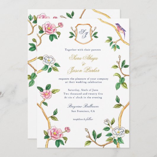 Invitation Monogramme Chinoiserie frontière avec Mariage de c (Devant / Derrière)