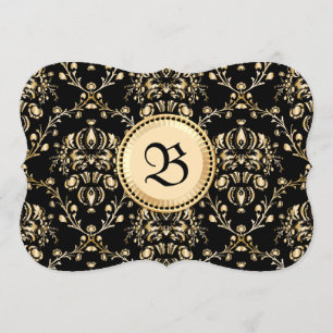 Invitation Monogramme Classé Or Élégant Damas Médiéval Noir