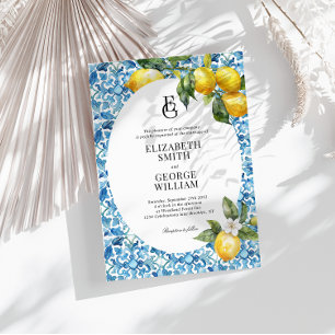 Invitation Monogramme classique Citron bleu Mariage méditerra