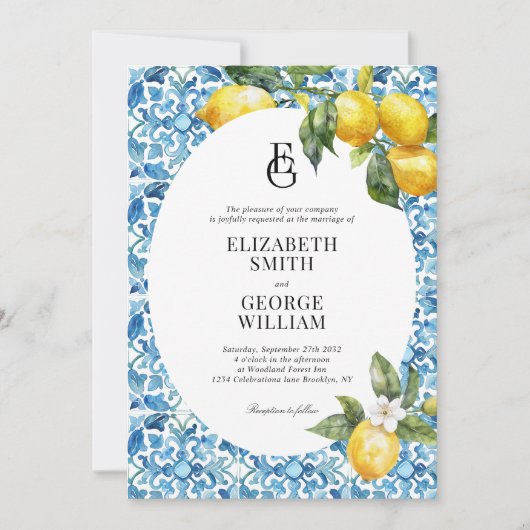 Invitation Monogramme classique Citron bleu Mariage méditerra (Devant)