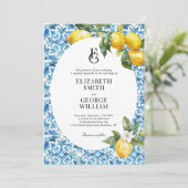 Invitation Monogramme classique Citron bleu Mariage méditerra (Debout devant)