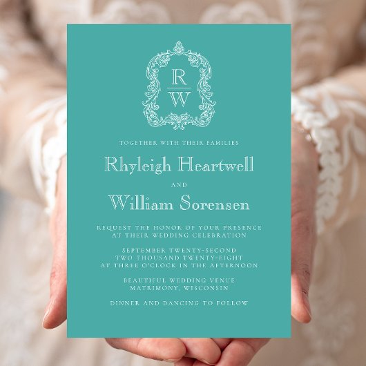 Invitation Monogramme classique Crest Turquoise Mariage