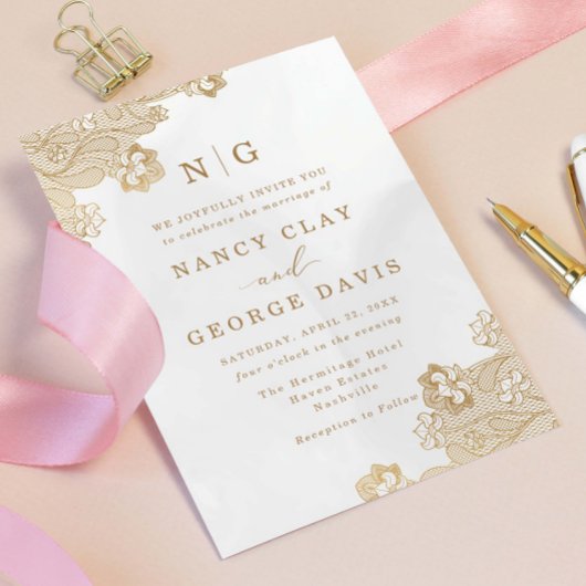 Invitation Monogramme classique dentelle or Mariage de crème