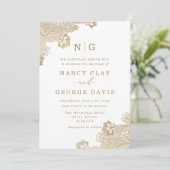 Invitation Monogramme classique dentelle or Ornate Mariage bl (Debout devant)