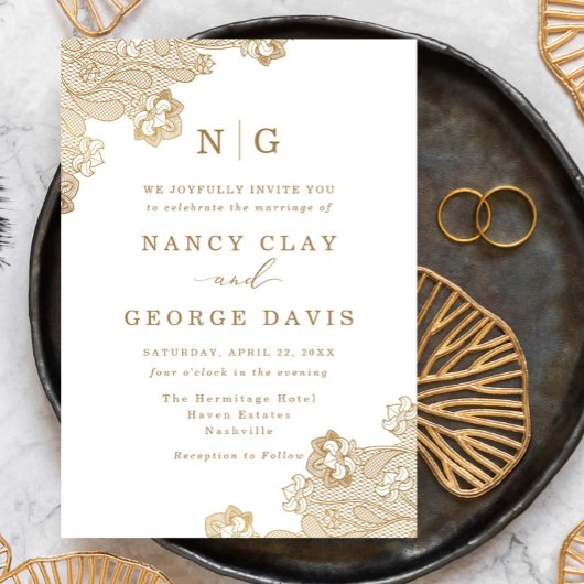 Invitation Monogramme classique dentelle or Ornate Mariage bl