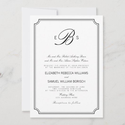 Invitation Monogramme classique Elégant Blanc Noir Mariage In (Devant)