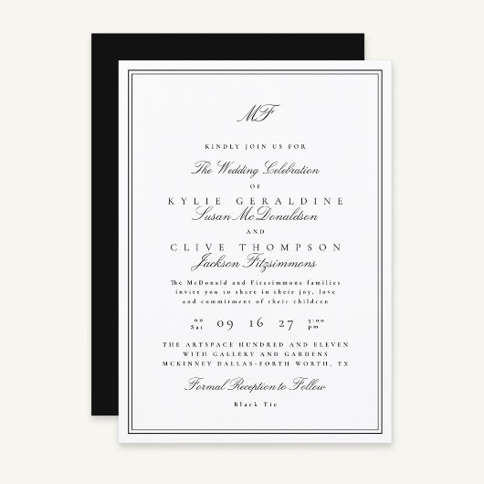Invitation Monogramme classique encadré officiel Mariage noir