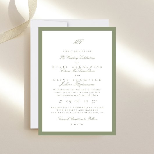 Invitation Monogramme classique encadré officiel Mariage vert
